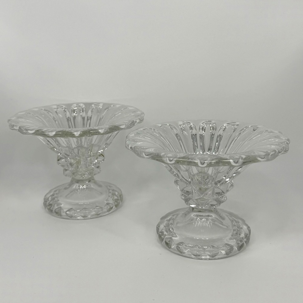 Vintage Clear Pressed Glass Pedestal Candle Holders Pair Floral Scalloped Heavy